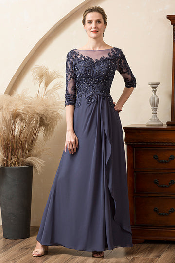Gris Azul Gasa Vestido de Madrina Con Cuentas